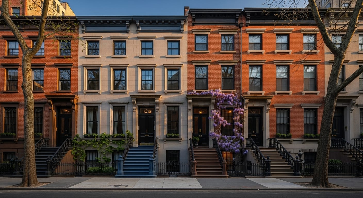 Classic Manhattan townhouse row at golden hour — limestone and red-brick facades, tall parlor windows, wrought-iron railings on a West Village block