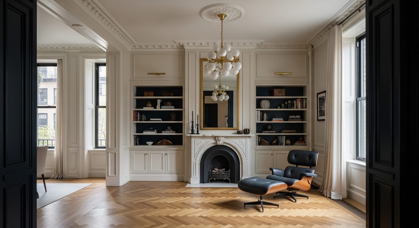 Manhattan townhouse parlor floor interior — 11-foot ceilings, crown moldings, herringbone oak floors, restored marble fireplace and custom built-in bookshelves