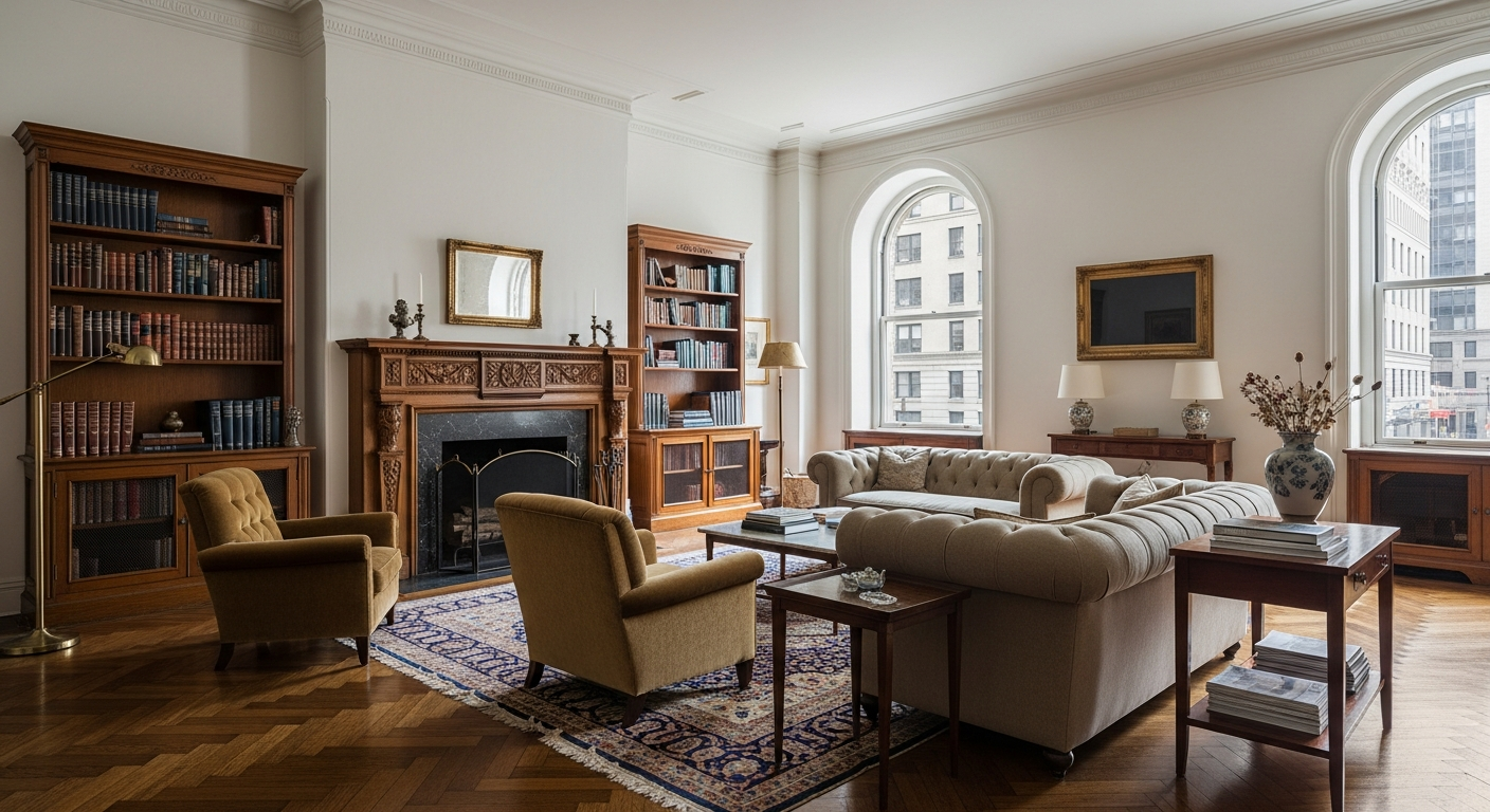 A quiet pre-war Manhattan apartment interior — light through tall windows, books and framed photographs, a residence at rest