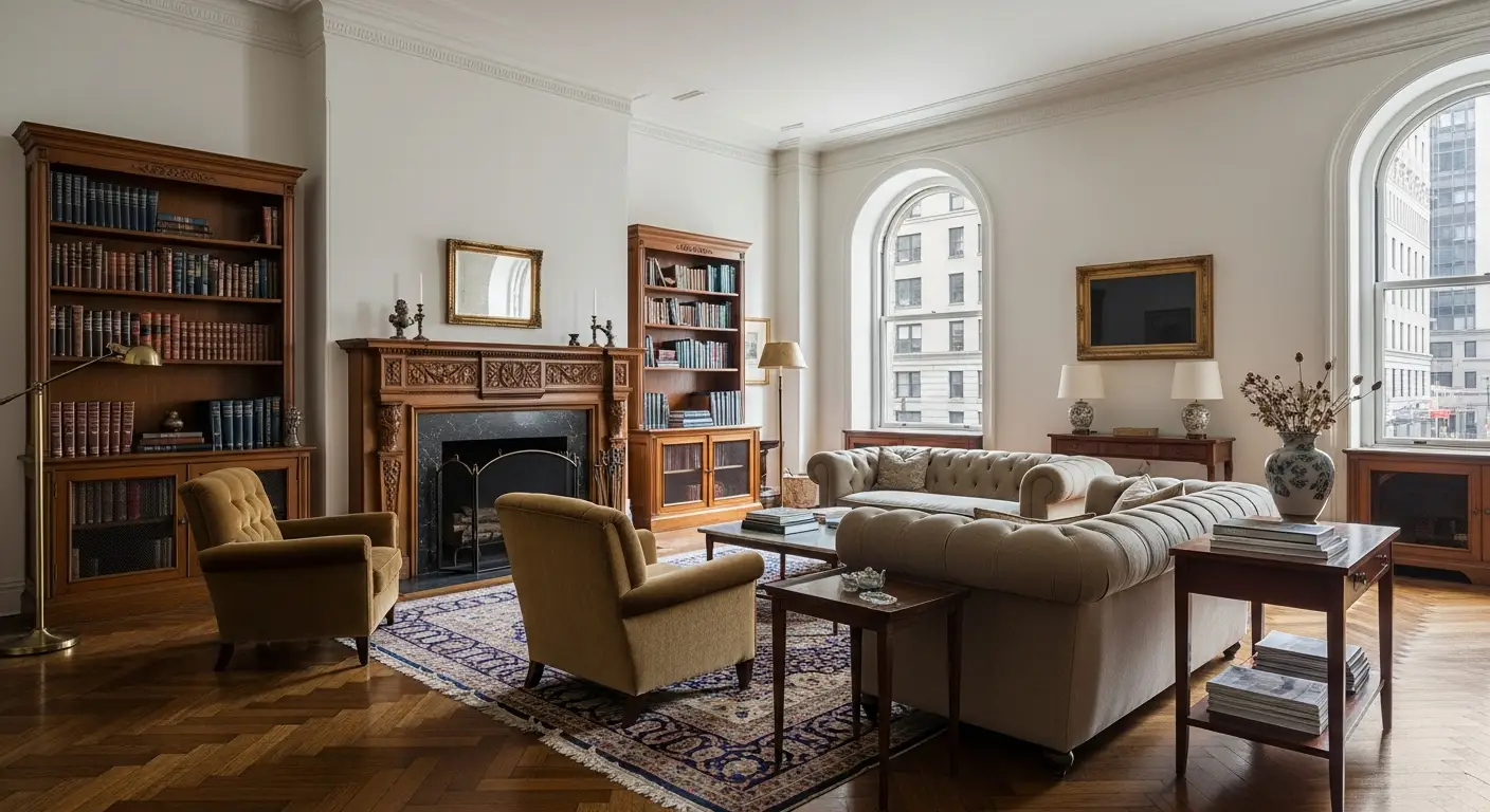 A quiet pre-war Manhattan apartment interior — light through tall windows, books and framed photographs, a residence at rest