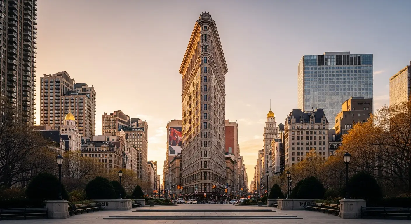 Madison Square Park at golden hour with the Flatiron Building, Madison Square Park Tower, and One Madison forming the south skyline