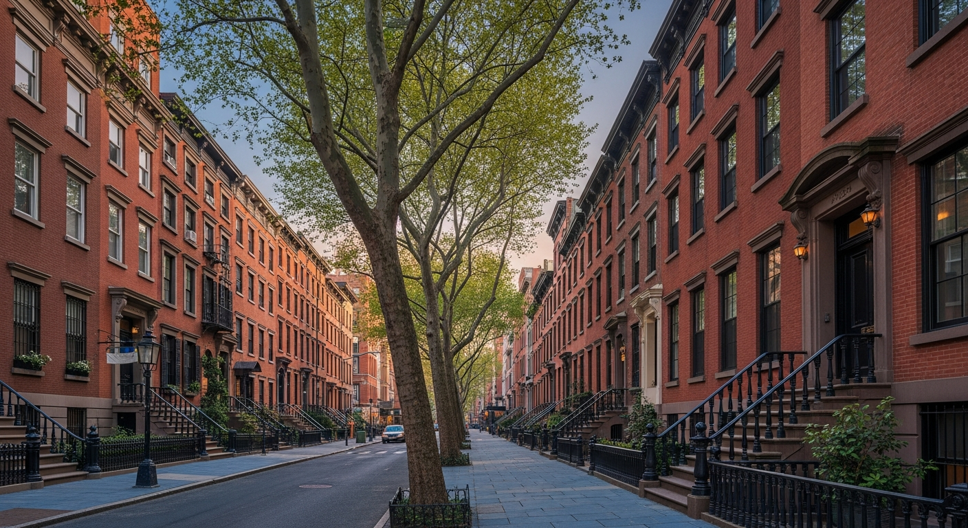 Tree-lined Greenwich Village block at golden hour with Federal and Greek Revival brick townhouses, wrought-iron railings, high stoops, and mature London plane trees