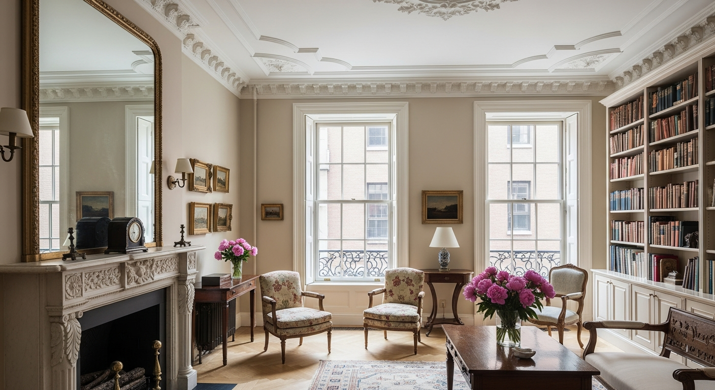 Greenwich Village townhouse parlor floor interior — 11- to 12-foot ceilings, crown moldings, herringbone oak floors, restored marble mantel with carved pilasters, tall six-over-six windows with afternoon light and built-in library shelving