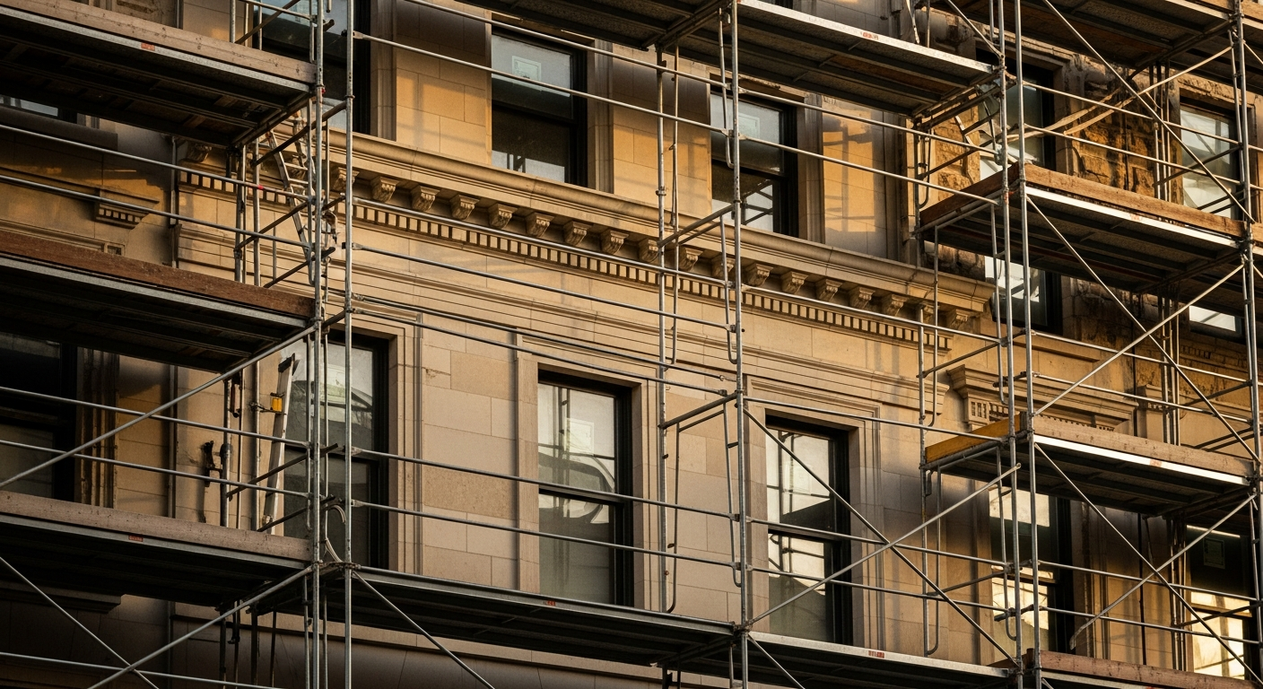 A scaffolded Manhattan landmark townhouse in mid-restoration — limestone facade, restored cornice, period-appropriate windows being reset