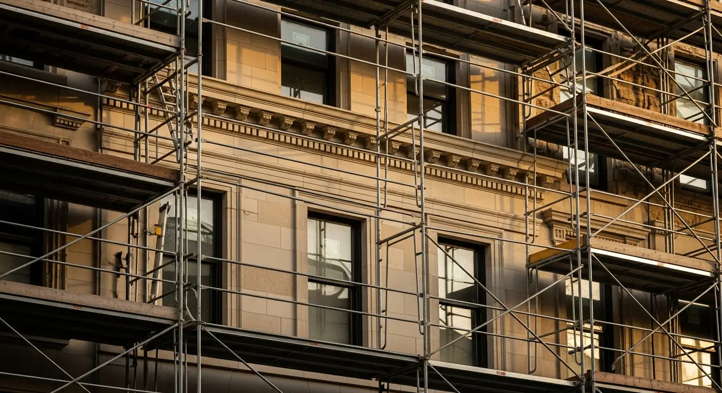 A scaffolded Manhattan landmark townhouse in mid-restoration — limestone facade, restored cornice, period-appropriate windows being reset