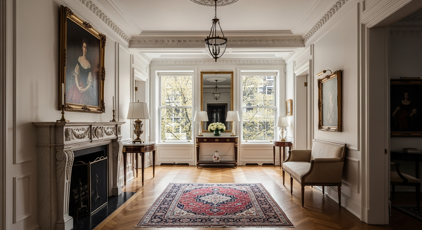 Manhattan UHNW pre-war co-op interior with herringbone floors, eleven-foot ceilings, restored marble mantel, and Park Avenue afternoon light streaming through tall sash windows