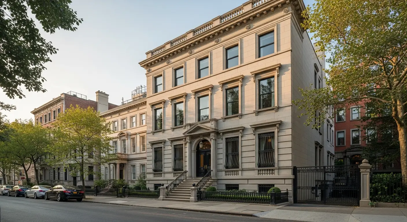 A discreet Manhattan limestone townhouse at dusk — the off-market luxury inventory layer