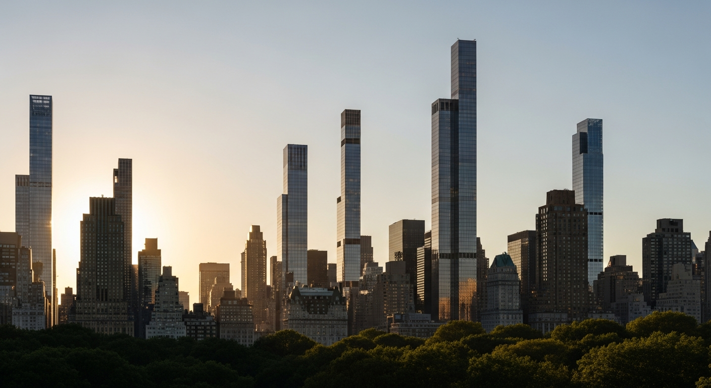 The Manhattan skyline at dusk — the Upper West Side, Central Park, and the Midtown and downtown supertall corridor