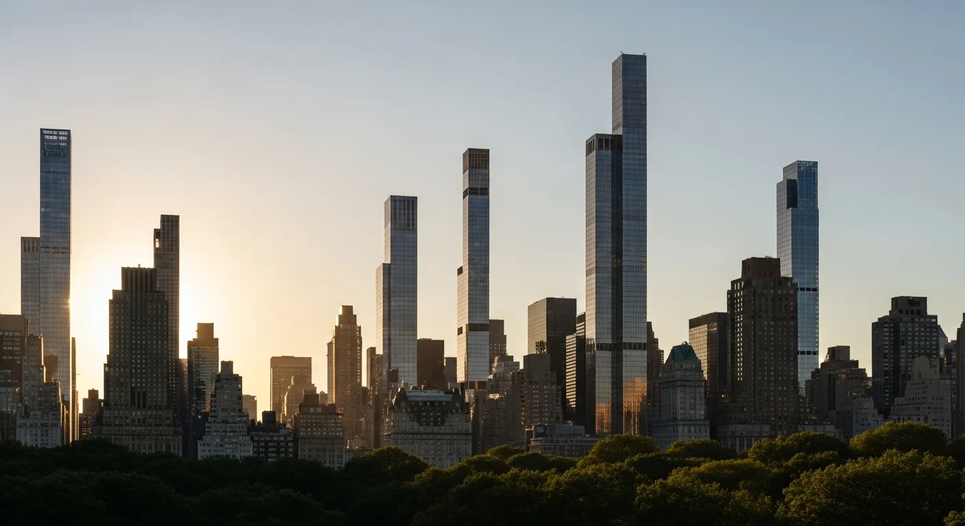 The Manhattan skyline at dusk — the Upper West Side, Central Park, and the Midtown and downtown supertall corridor