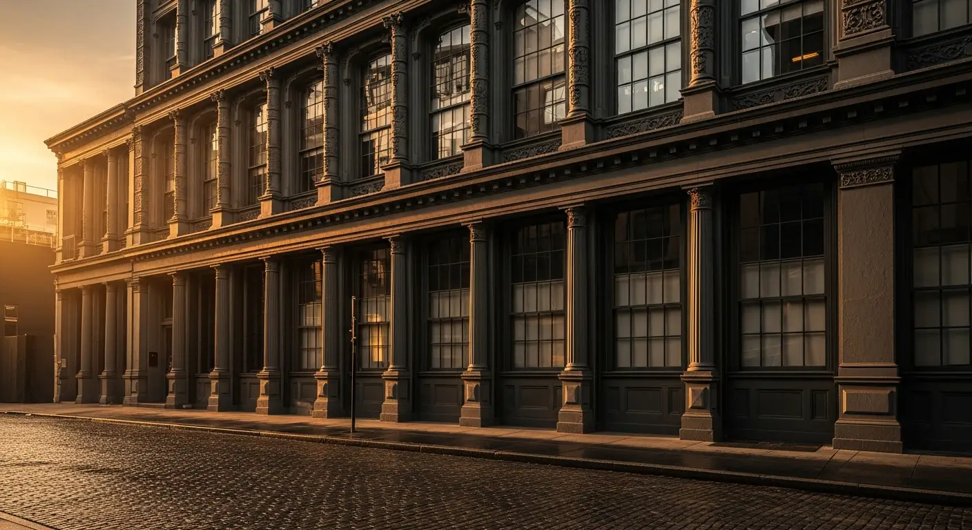 A Greene Street cast-iron facade in SoHo — fluted columns, classical ornament, tall industrial windows on a quiet block