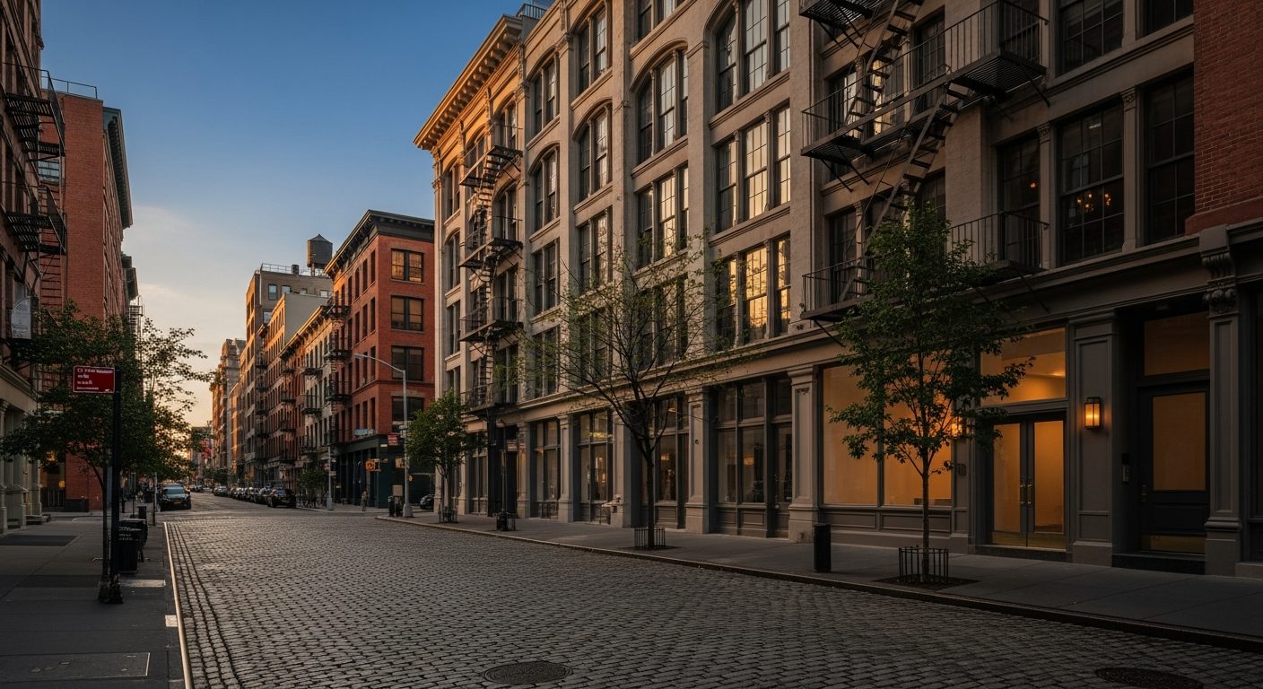 Tribeca cobblestone street at golden hour with converted cast-iron warehouse lofts — Manhattan luxury real estate