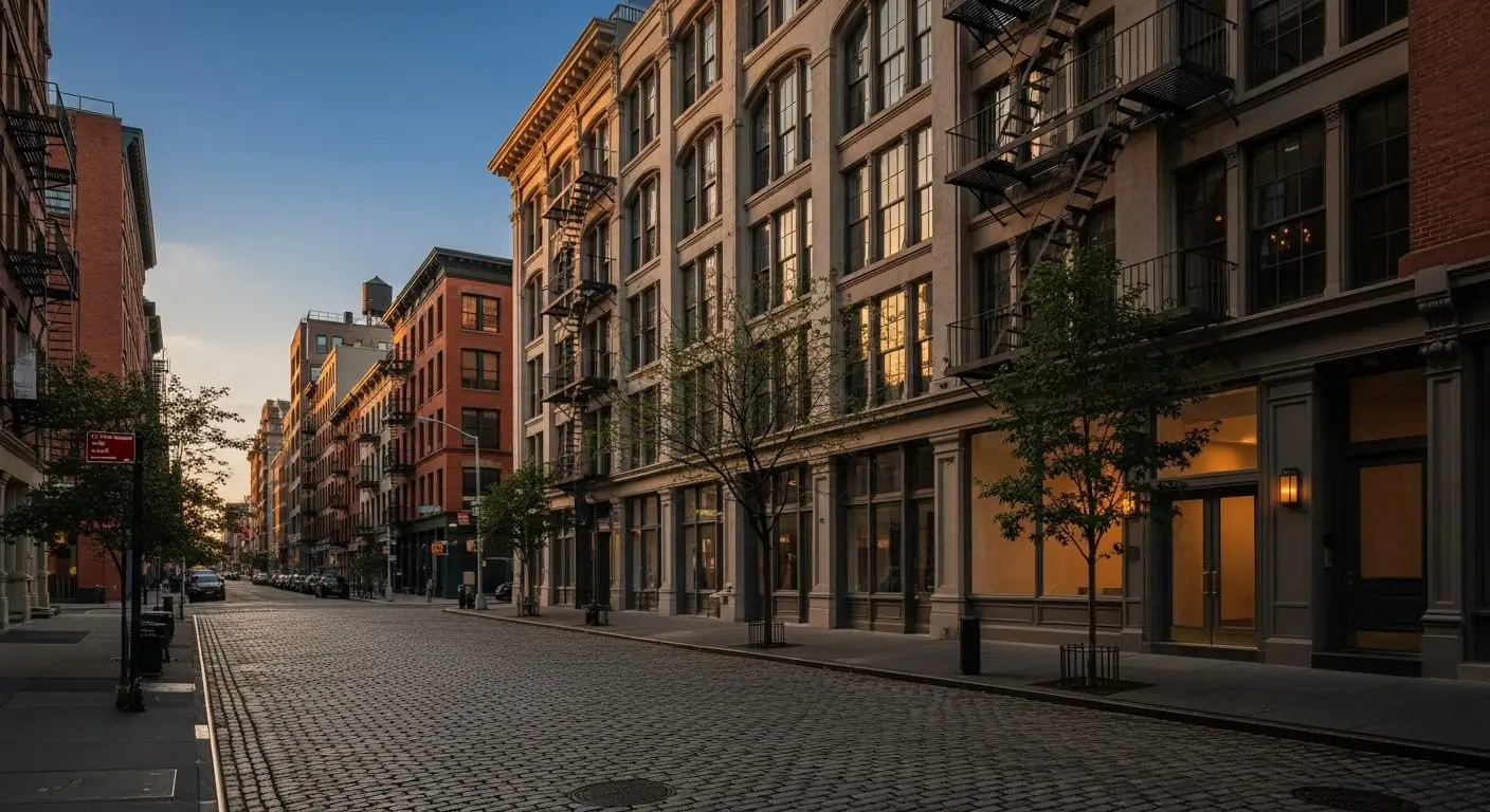 Tribeca cobblestone street at golden hour with converted cast-iron warehouse lofts — Manhattan luxury real estate