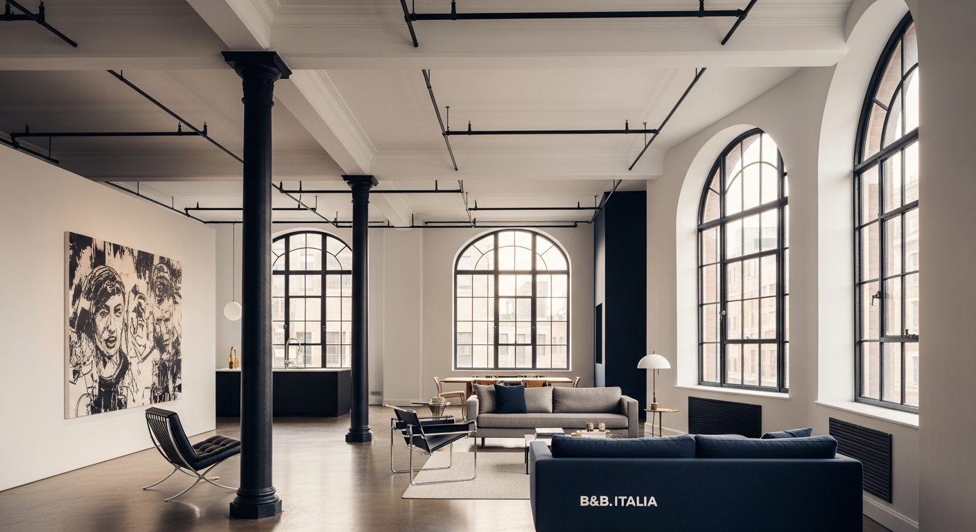 Tribeca converted warehouse loft interior — 14-foot ceilings, cast-iron columns, arched industrial windows
