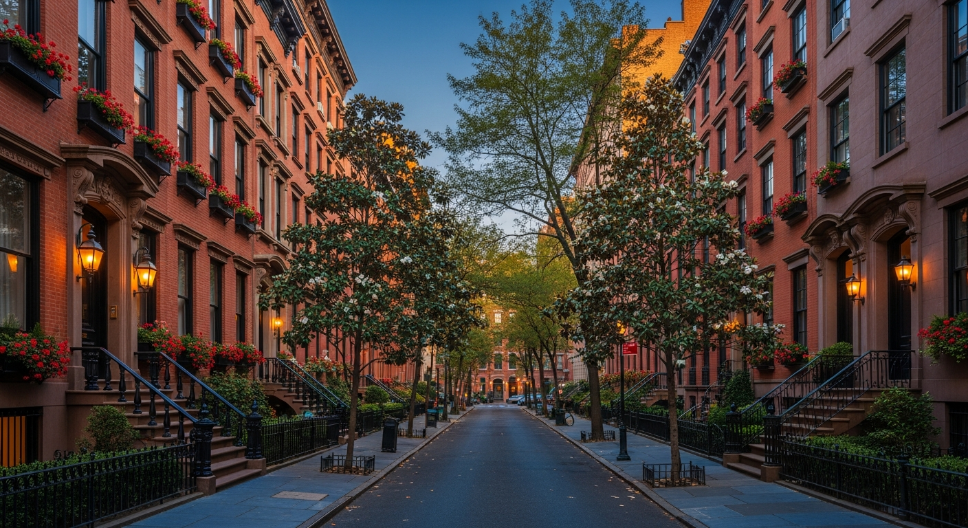 Classic West Village tree-lined block with Federal-style townhouses and brownstones at golden hour — flowering window boxes, gas lanterns, bluestone sidewalks