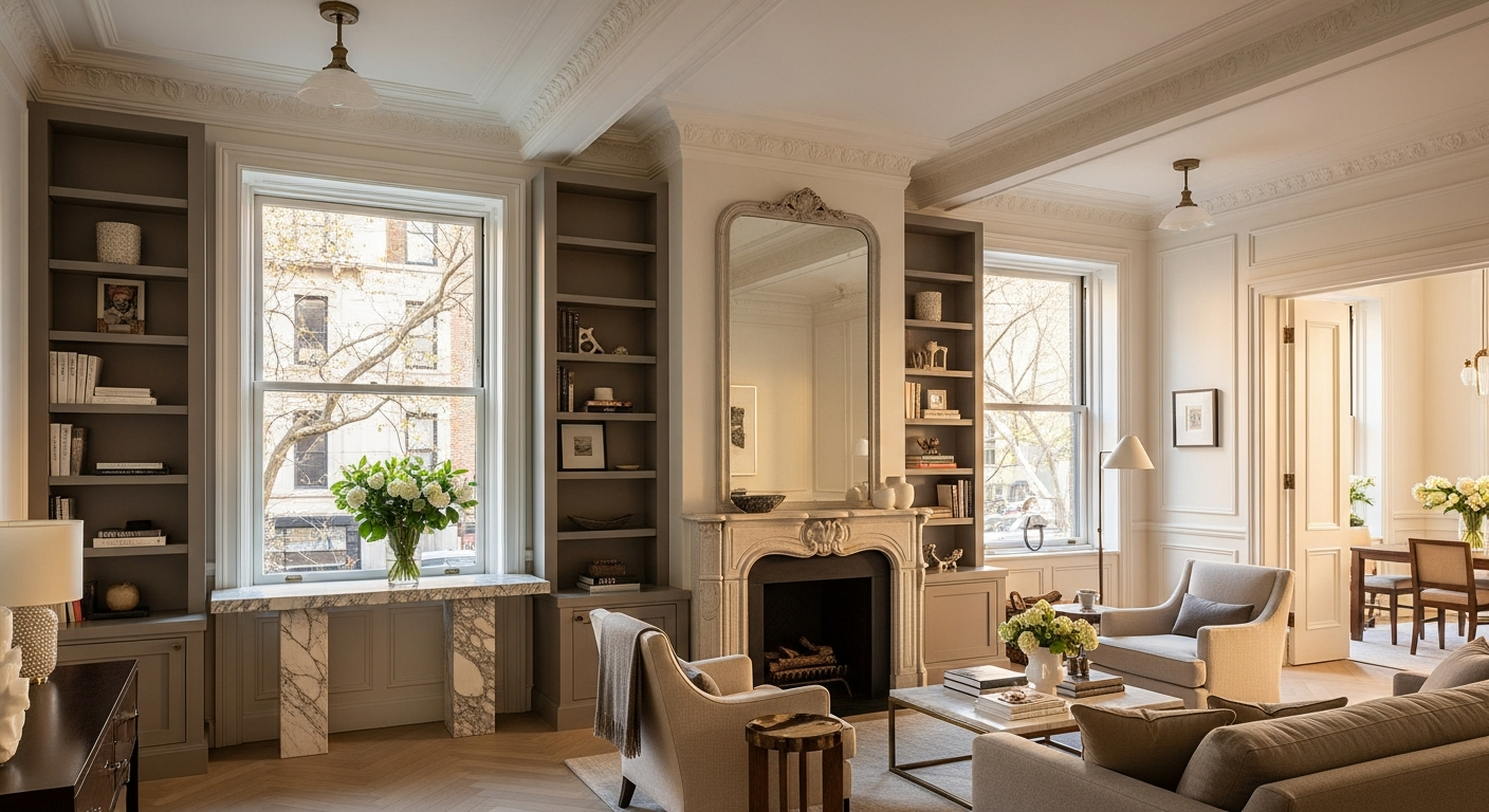 West Village townhouse parlor floor interior — 11-foot ceilings, crown moldings, herringbone oak floors, restored marble fireplace and floor-to-ceiling windows with afternoon light