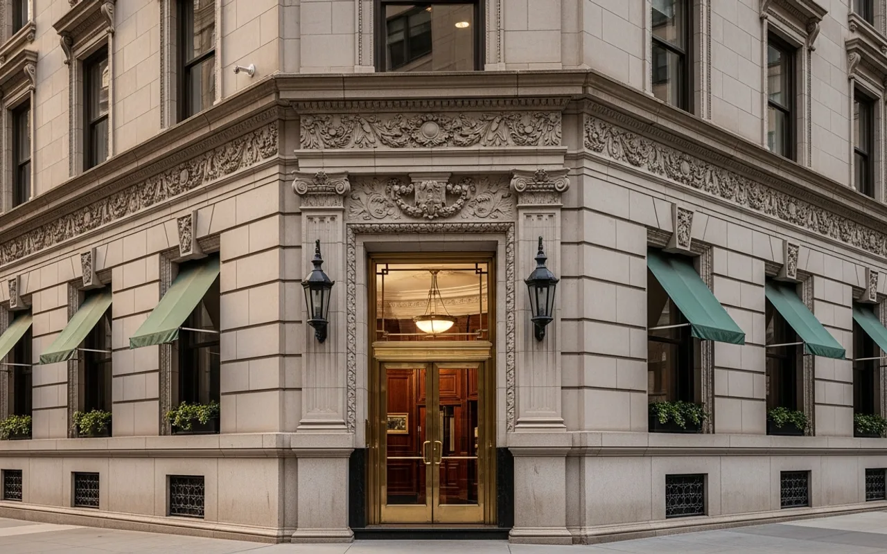 A Manhattan prewar luxury cooperative building exterior on Fifth Avenue, illustrating the UHNW co-op context for cash vs financing decisions.